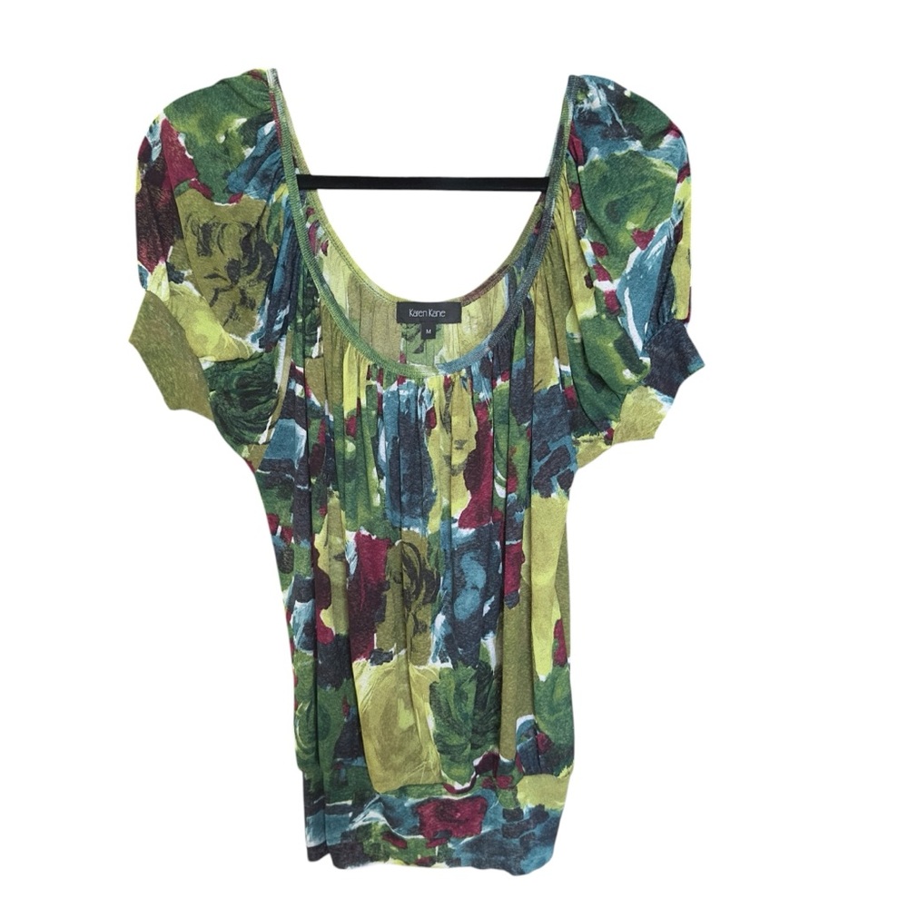 Karen‎ Kane Abstract Floral Puff Sleeve Blouse Green Multicolor Boho Y2K Retro M
